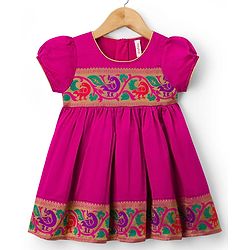 Babyhug Woven Half Sleeves Ethnic Dress With Brocade Design - Fuschia
