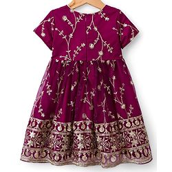 Babyhug Mesh Woven Half Sleeves Ethnic Dress With Floral Embroidery & Sequin Detailing - Wine