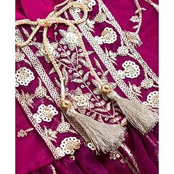 Babyhug Mesh Woven Half Sleeves Ethnic Dress With Floral Embroidery & Sequin Detailing - Wine
