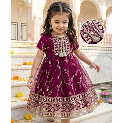 Babyhug Mesh Woven Half Sleeves Ethnic Dress With Floral Embroidery & Sequin Detailing - Wine