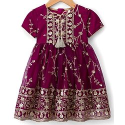 Babyhug Mesh Woven Half Sleeves Ethnic Dress With Floral Embroidery & Sequin Detailing - Wine