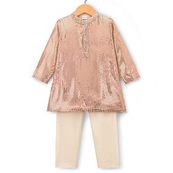 Babyhug Woven Full Sleeves Kurta Pajama Set with Sequin Detailing - Golden