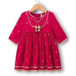 Babyhug Woven Three Fourth Sleeves Ethnic Dress With Floral Foil Print - Dark Pink