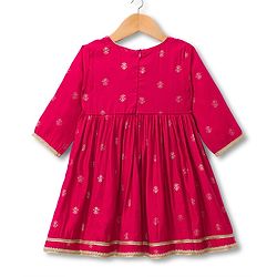 Babyhug Woven Three Fourth Sleeves Ethnic Dress With Floral Foil Print - Dark Pink