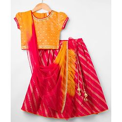 Babyhug Brocade Woven Half Puffed Sleeves Choli Lehenga Set with Dupatta & Motif Embroidery - Red & Yellow