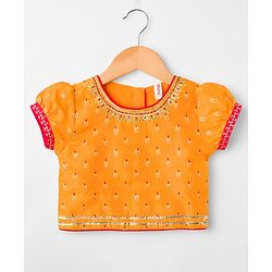 Babyhug Brocade Woven Half Puffed Sleeves Choli Lehenga Set with Dupatta & Motif Embroidery - Red & Yellow