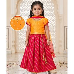 Babyhug Brocade Woven Half Puffed Sleeves Choli Lehenga Set with Dupatta & Motif Embroidery - Red & Yellow