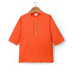 Babyhug Lurex Dobby Woven Full Sleeves Kurta Dhoti Set with Foil Print - Orange