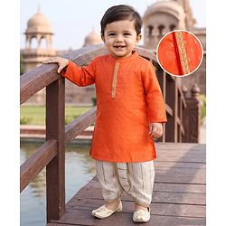 Babyhug Lurex Dobby Woven Full Sleeves Kurta Dhoti Set with Foil Print - Orange