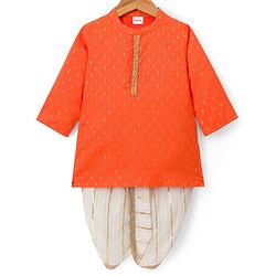 Babyhug Lurex Dobby Woven Full Sleeves Kurta Dhoti Set with Foil Print - Orange