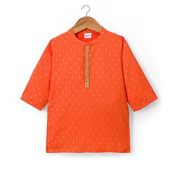 Babyhug Lurex Dobby Woven Full Sleeves Kurta Dhoti Set with Foil Print - Orange