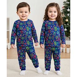 Babyhug Cotton Knit Full Sleeves Co-ords Night Suit With Gift Box Print - Blue