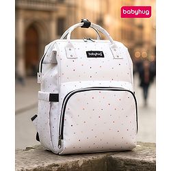 Babyhug Multipurpose Spacious Diaper Backpack Star Print - White| Adjustable Shoulder Strap|Insulated Bottle Pouch|Smart Back Zipper| Wipes Dispenser|Fishmouth Opening|Stylish Design|Attach to Trolley