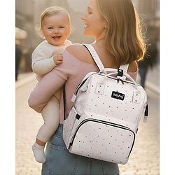 Babyhug Multipurpose Spacious Diaper Backpack Star Print - White| Adjustable Shoulder Strap|Insulated Bottle Pouch|Smart Back Zipper| Wipes Dispenser|Fishmouth Opening|Stylish Design|Attach to Trolley