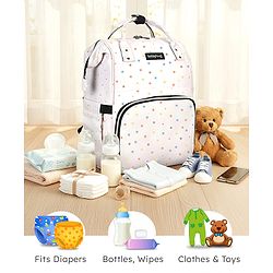 Babyhug Multipurpose Spacious Diaper Backpack Star Print - White| Adjustable Shoulder Strap|Insulated Bottle Pouch|Smart Back Zipper| Wipes Dispenser|Fishmouth Opening|Stylish Design|Attach to Trolley