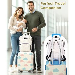 Babyhug Multipurpose Spacious Diaper Backpack Star Print - White| Adjustable Shoulder Strap|Insulated Bottle Pouch|Smart Back Zipper| Wipes Dispenser|Fishmouth Opening|Stylish Design|Attach to Trolley