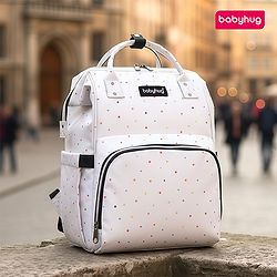 Babyhug Multipurpose Spacious Diaper Backpack Star Print - White| Adjustable Shoulder Strap|Insulated Bottle Pouch|Smart Back Zipper| Wipes Dispenser|Fishmouth Opening|Stylish Design|Attach to Trolley