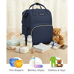 Babyhug Multipurpose Spacious Diaper Backpack - Navy Blue| Adjustable Shoulder Strap| Insulated Bottle Pouch| Smart Back Zipper| Wipes Dispenser| Wide Fish-mouth Opening| Attach to Trolley