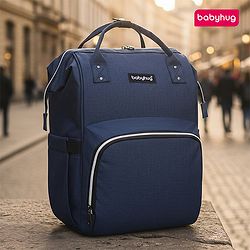 Babyhug Multipurpose Spacious Diaper Backpack - Navy Blue| Adjustable Shoulder Strap| Insulated Bottle Pouch| Smart Back Zipper| Wipes Dispenser| Wide Fish-mouth Opening| Attach to Trolley