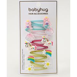 Babyhug Snap Clips with Marmaid  Unicorn & Rainbow Applique Pack of 10  -  Blue Pink & Green