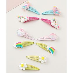 Babyhug Snap Clips with Marmaid  Unicorn & Rainbow Applique Pack of 10  -  Blue Pink & Green