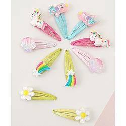 Babyhug Snap Clips with Marmaid  Unicorn & Rainbow Applique Pack of 10  -  Blue Pink & Green