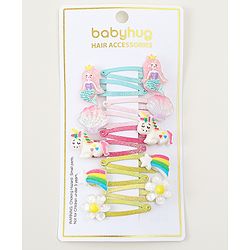 Babyhug Snap Clips with Marmaid  Unicorn & Rainbow Applique Pack of 10  -  Blue Pink & Green