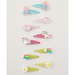 Babyhug Snap Clips with Marmaid  Unicorn & Rainbow Applique Pack of 10  -  Blue Pink & Green