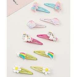 Babyhug Snap Clips with Marmaid  Unicorn & Rainbow Applique Pack of 10  -  Blue Pink & Green