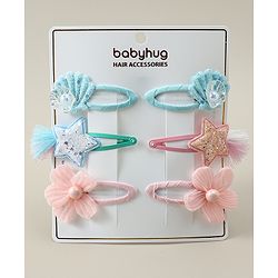Babyhug Snap Clips with Floral Applique Pack of 6 - Pink & Blue