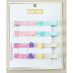 Babyhug Hair Clips with Floral Applique Free Size Pack Of 8 - Multicolor