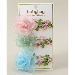 Babyhug Snap Clips with Floral Applique Pack of 3 - Pink Green & Blue