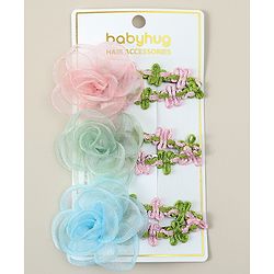 Babyhug Snap Clips with Floral Applique Pack of 3 - Pink Green & Blue