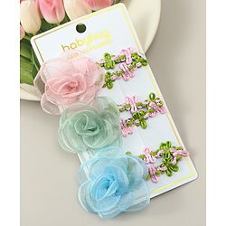 Babyhug Snap Clips with Floral Applique Pack of 3 - Pink Green & Blue