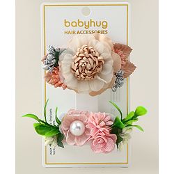 Babyhug Alligator Clips with Floral Applique -  Beige & Pink