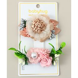 Babyhug Alligator Clips with Floral Applique -  Beige & Pink