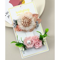 Babyhug Alligator Clips with Floral Applique -  Beige & Pink