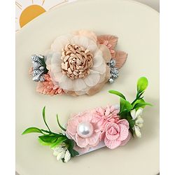 Babyhug Alligator Clips with Floral Applique -  Beige & Pink