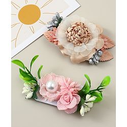 Babyhug Alligator Clips with Floral Applique -  Beige & Pink