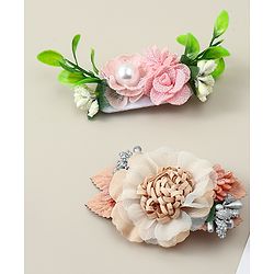 Babyhug Alligator Clips with Floral Applique -  Beige & Pink