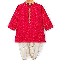 Babyhug Lurex Dobby Woven Full Sleeves Kurta Dhoti Set with Foil Print - Red