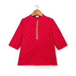 Babyhug Lurex Dobby Woven Full Sleeves Kurta Dhoti Set with Foil Print - Red