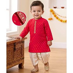 Babyhug Lurex Dobby Woven Full Sleeves Kurta Dhoti Set with Foil Print - Red