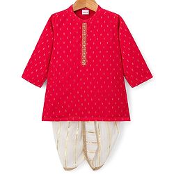 Babyhug Lurex Dobby Woven Full Sleeves Kurta Dhoti Set with Foil Print - Red