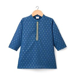 Babyhug Lurex Dobby Woven Full Sleeves Kurta Dhoti Set with Foil Print - Navy Blue