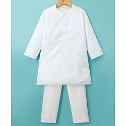 Babyhug Georgette Woven Full Sleeves Kurta Pyjama Set with Self Embroidery - White