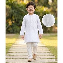 Babyhug Georgette Woven Full Sleeves Kurta Pyjama Set with Self Embroidery - White