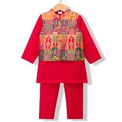 Babyhug Cambric Woven Full Sleeves Kurta Pajama Set with Embroidered Jacket - Red