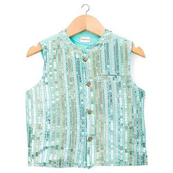 Babyhug Cambric Woven Full Sleeves Kurta Pajama & Jacket Set With Sequin Detailing - Aqua