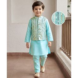 Babyhug Cambric Woven Full Sleeves Kurta Pajama & Jacket Set With Sequin Detailing - Aqua